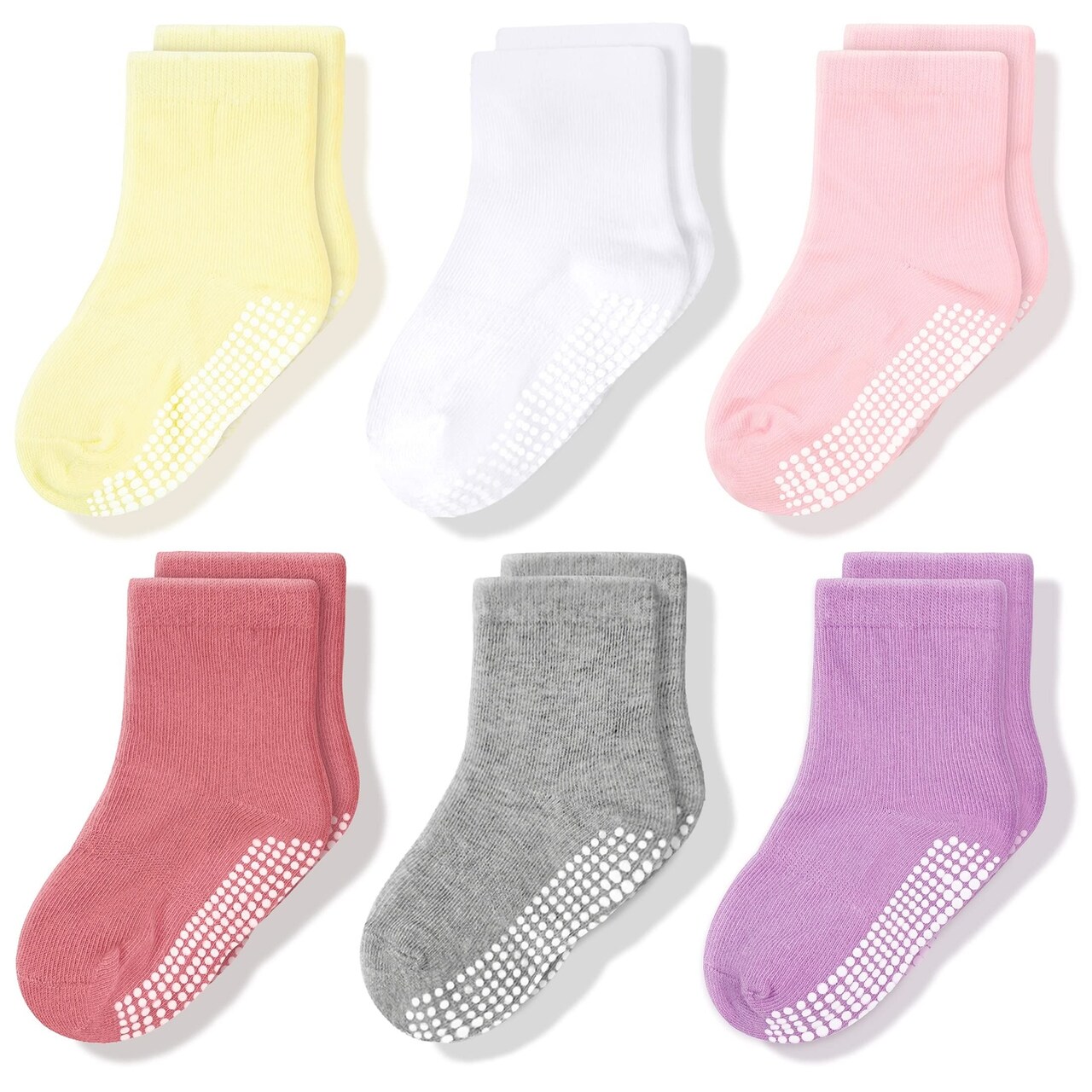 CozyWay Toddler Socks With Grippers - Non-Slip Dots, Arch Support & Breathable Crew Comfort Kids Grip Socks - Size 5-7 Years - Pack of 6 - Pink/White/Gray